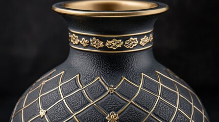 Elegant vase Black textured body with golden lattice and floral accents