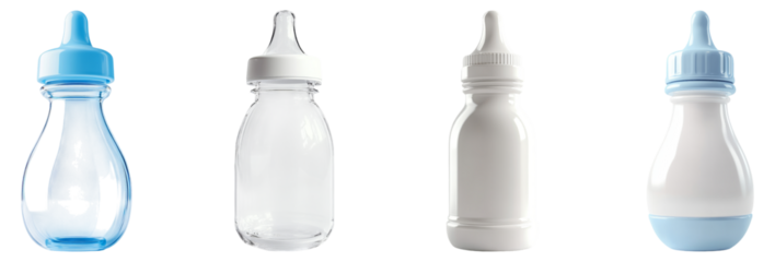 Collection of Baby Bottles in Various Designs and Colors, Isolated on Transparent Background