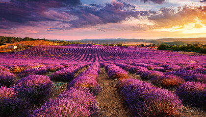 Fototapeta premium landscape with lavender field at sunset.