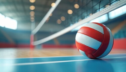 Volleyball ball near net on indoor court with bokeh lights in close-up. Red, white ball near net, sport equipment for game, professional match, competition.