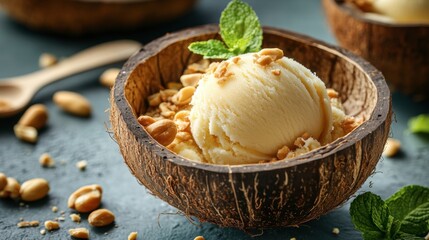 Fototapeta premium A refreshing Thai coconut ice cream served in a coconut shell with roasted peanuts.