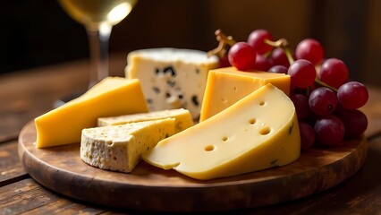 Different kinds of cheese on wooden board in rustic style with wine and grapes. National wine day. Cheese day. Romantic postcard. background.