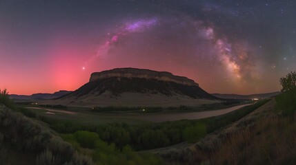 Milky Way over Butte, Montana landscape, night sky, river, and hills. Possible use Astronomy, nature photography