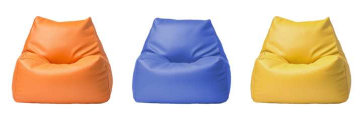 Set of casual faux leather bean bags in orange blue and yellow front view, isolated against a transparent background
