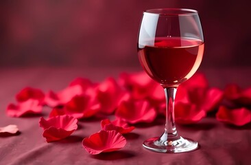 Celebrating National Wine Day.  Glass of red wine and rose petals. Romantic postcard. background.