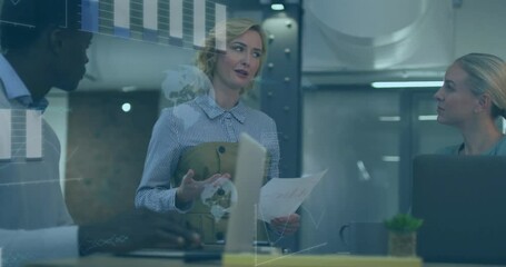 Discussing strategy, business team analyzing data with animation overlay in office - Powered by Adobe