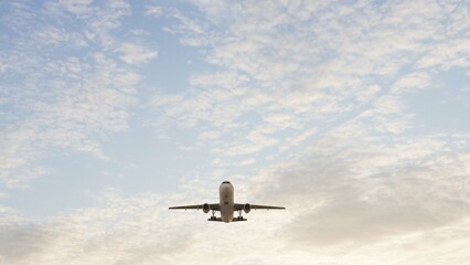 ULTRA HD. Airplane flies in blue sky. Travel. Airplane takes off against the background of blue sky. 