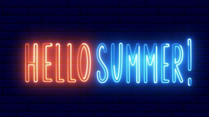 Obraz premium Hello Summer neon sign. Hello Summer text font with light. Luminous and shimmering haze inside the letters of the text Hello Summer. 