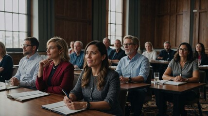 A group of people at a seminar where an experienced speaker shares business tips, with notes and laptops on the tables