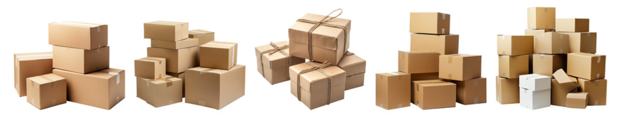 Fototapeta premium Stacked Cardboard Boxes in Various Arrangements for Shipping Use, Isolated on Transparent Background