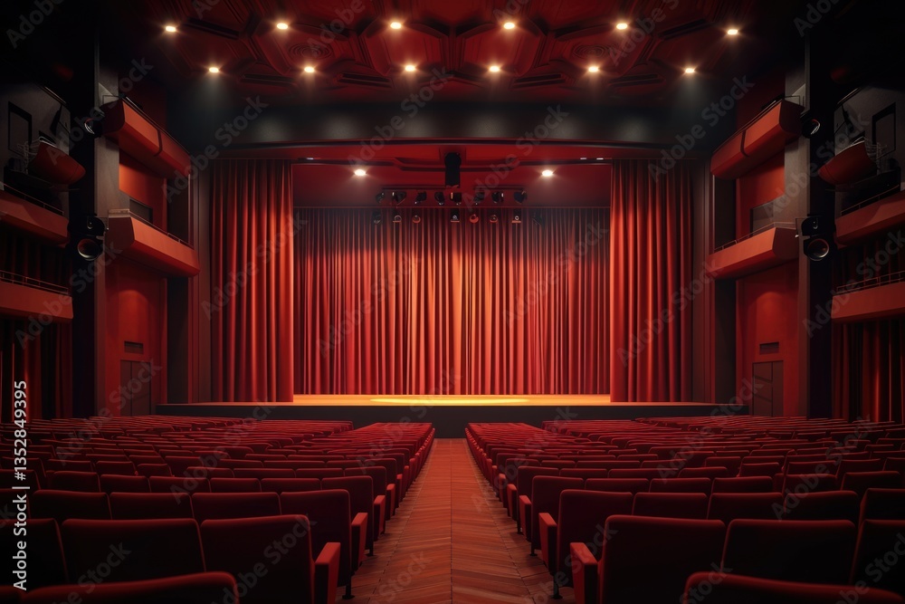 Wall mural an empty theater with red velvet curtains and rows of seats awaits a performance.
