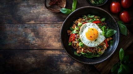 A sizzling plate of Thai basil chicken Pad Krapow Gai topped with a fried egg, served on a rustic wooden table.