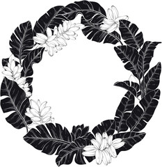 silhouette circular wreath made of Tropical vector banana palm leaves and flowers, Exotic background © acnaleksy
