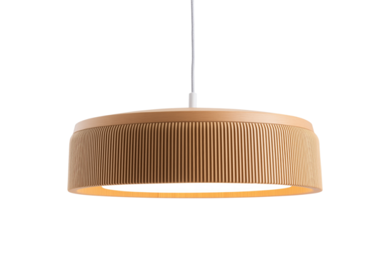 Modern drum shaped wooden pendant light with white electric cord, isolated against a transparent background