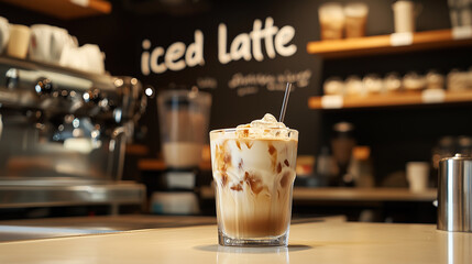 A glass of iced latte sits on a counter in front of a sign that says iced latte
