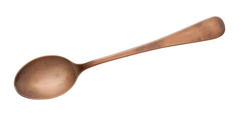 a Rustic old dirty copper spoon with scratches and dirt marks, flat lay, isolated against a transparent background