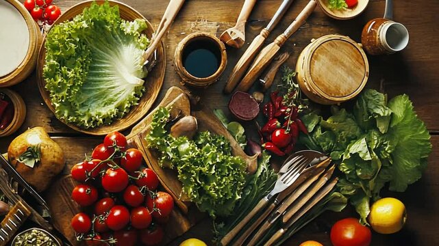 Rustic wooden table laden with fresh vegetables and herbs, ready for meal preparation. Suitable for food blog, cooking website, or healthy lifestyle content