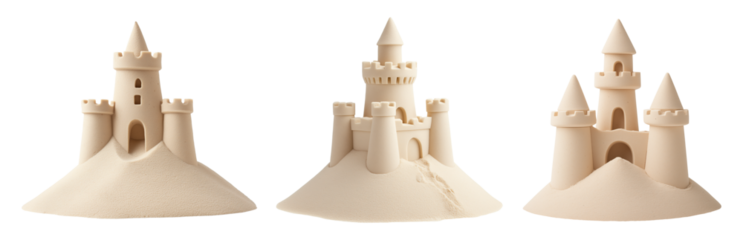 Set of beach sand castles, isolated against a transparent background