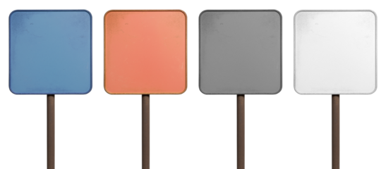 Set of blank rusty square traffic sign boards of different colors, isolated against transparent background