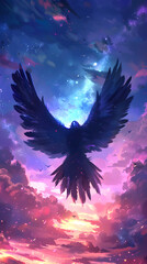 Majestic Winged Creature Soaring through a Twilight Sky: An Ethereal Symbol of Freedom and Tranquility in a Dreamlike Atmosphere