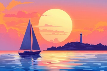 Fototapeta premium Sailboat or boat floats in the sea at sunset. In the distance is an island or shore with a lighthouse