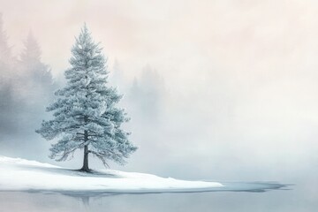 A solitary, frost-covered pine tree stands on a snow-covered island in a foggy winter landscape.