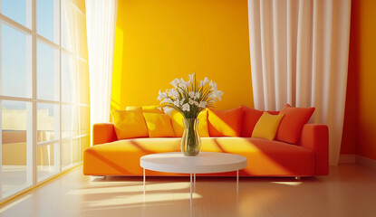 A red and yellow living room with a corner sofa