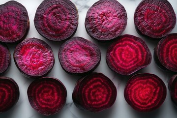 A collection of vibrant red beetroots, sliced and arranged on a marble surface, showcasing their rich color and concentric rings.