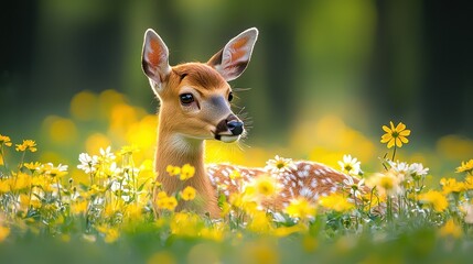 Fawn lies in a vibrant meadow with yellow and white wildflowers, sunlit