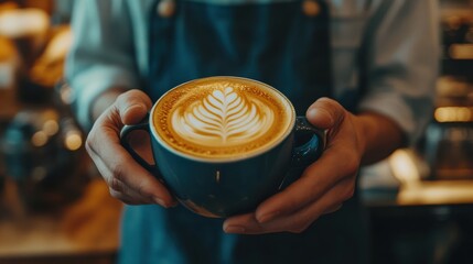 Barista Holding Latte Art Coffee in Modern Cafe Setting
