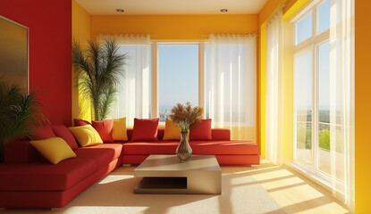 A red and yellow living room with a corner sofa