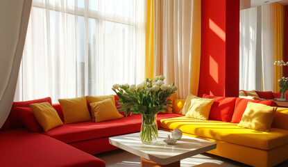 A red and yellow living room with a corner sofa