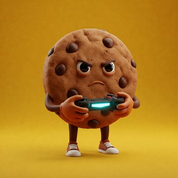 Chocolate Cookie Holding a Game Controller, Looking Focused