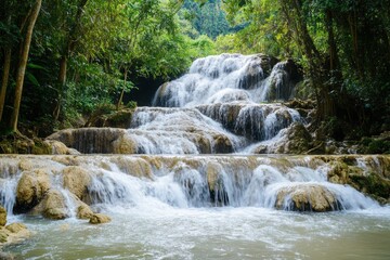 waterfall, Tat Kuang Si Waterfall, Luang Prabang, Laos tourist attraction, nature ,a favourite side trip for tourists in Luang Prabang. isolated on white background