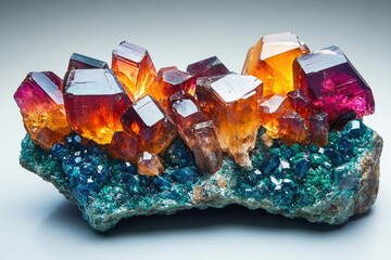 Vibrant cluster of orange, red, and purple crystals nestled on a teal-green matrix.