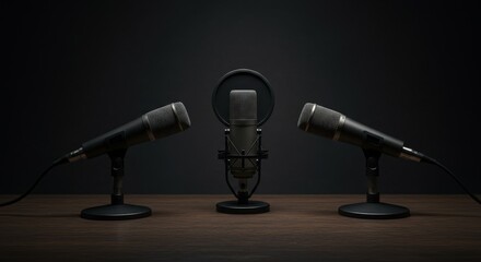 Three Microphones on Table - Three professional microphones set up on a dark wooden table against a dark background, ready for recording