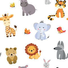 A seamless vector pattern featuring cute cartoon-style wild animals, including lions, elephants, giraffes, and tigers, along with birds and butterflies on a white background