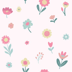 A seamless vector pattern featuring colorful hand-drawn flowers and leaves in a playful baby style, baby background