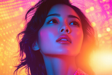 Fototapeta premium A young woman's portrait, bathed in vibrant neon lights, evokes a feeling of mystery and allure.