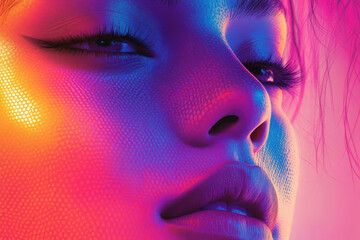 Fototapeta premium Close-up of a woman's face illuminated with vibrant neon pink and blue light.