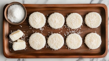 Thai-style coconut pancakes Kanom Krok arranged on a wooden tray, garnished with shredded coconut.