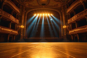 Obraz premium A majestic theater stage bathed in golden light, ready for a performance. Ornate architecture and empty seats.