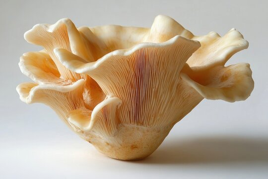 A pale, delicate mushroom with a unique, ruffled, and layered cap structure.