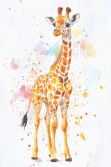 A Watercolor Painting Depicts a Standing Giraffe with Splashes