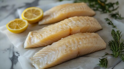 Three Cod Fillets with Lemon and Herbs on Marble