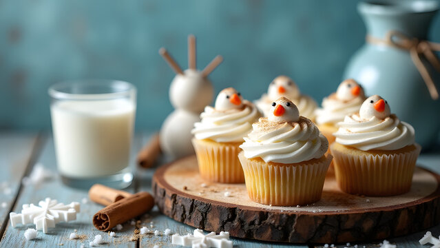 Snowman-shaped cupcakes with cinnamon, set in a cozy winter scene with cool tones and natural textures.