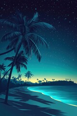 Palm trees silhouette a nighttime scene on tropical sandy beach