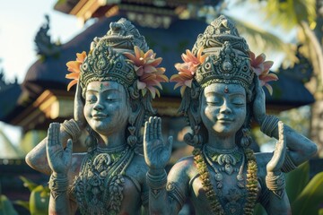 Fototapeta premium Two serene Balinese statues, adorned with intricate headdresses and flowers, stand before a temple.