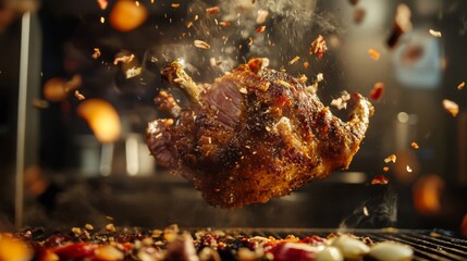 Roasted Chicken with Spices in Mid Air over Grill