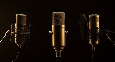 Studio Microphones Recording Session - Three professional gold microphones set against a black background, ready for a recording session